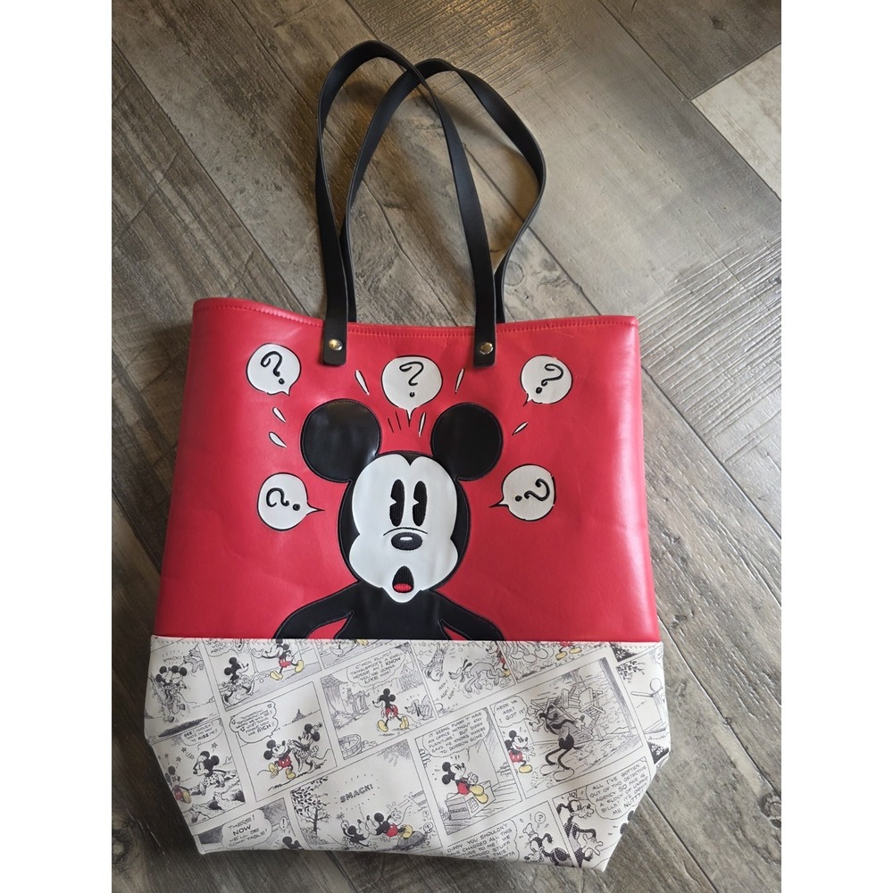 Disney Mickey Mouse Comic Strip Tote Bag Red‎ Faux Leather Purse Graphic Large